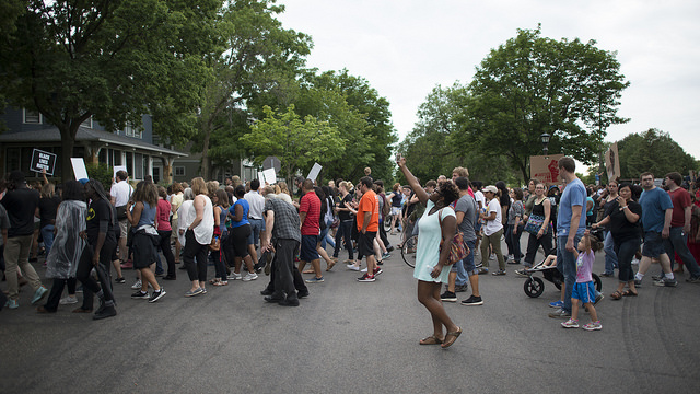 Protesters appear at the Minnesota Governor's Mansion following the shooting death of Philando Castile during a traffic stop in Falcon Heights, Minn. July 7. Image via flickr/Fibonacci Blue.