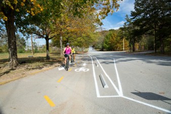 This temporary protected bike lane is one of several in northwest Arkansas supported by the Walton Family Foundation. Photo: Walton Family Foundation