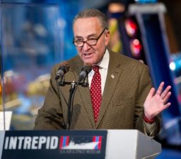 Sen. Charles Schumer, D-N.Y., speaks during a ceremony where NASA transferred title and ownership of space shuttle Enterprise to the Intrepid Sea, Air & Space Museum on Sunday, Dec. 11, 2011 at the museum in New York City. The transfer is the first step toward Intrepid receiving Enterprise in the spring of 2012. Photo Credit: (NASA/Bill Ingalls)